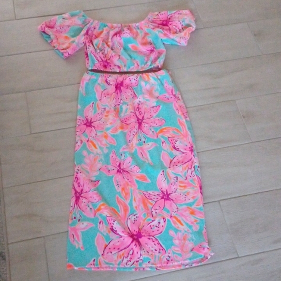 LILLY PULITZER Esmeray Set Surf Blue Bonita Blooms Skirt Puff Sleeve Crop Top - Picture 2 of 5